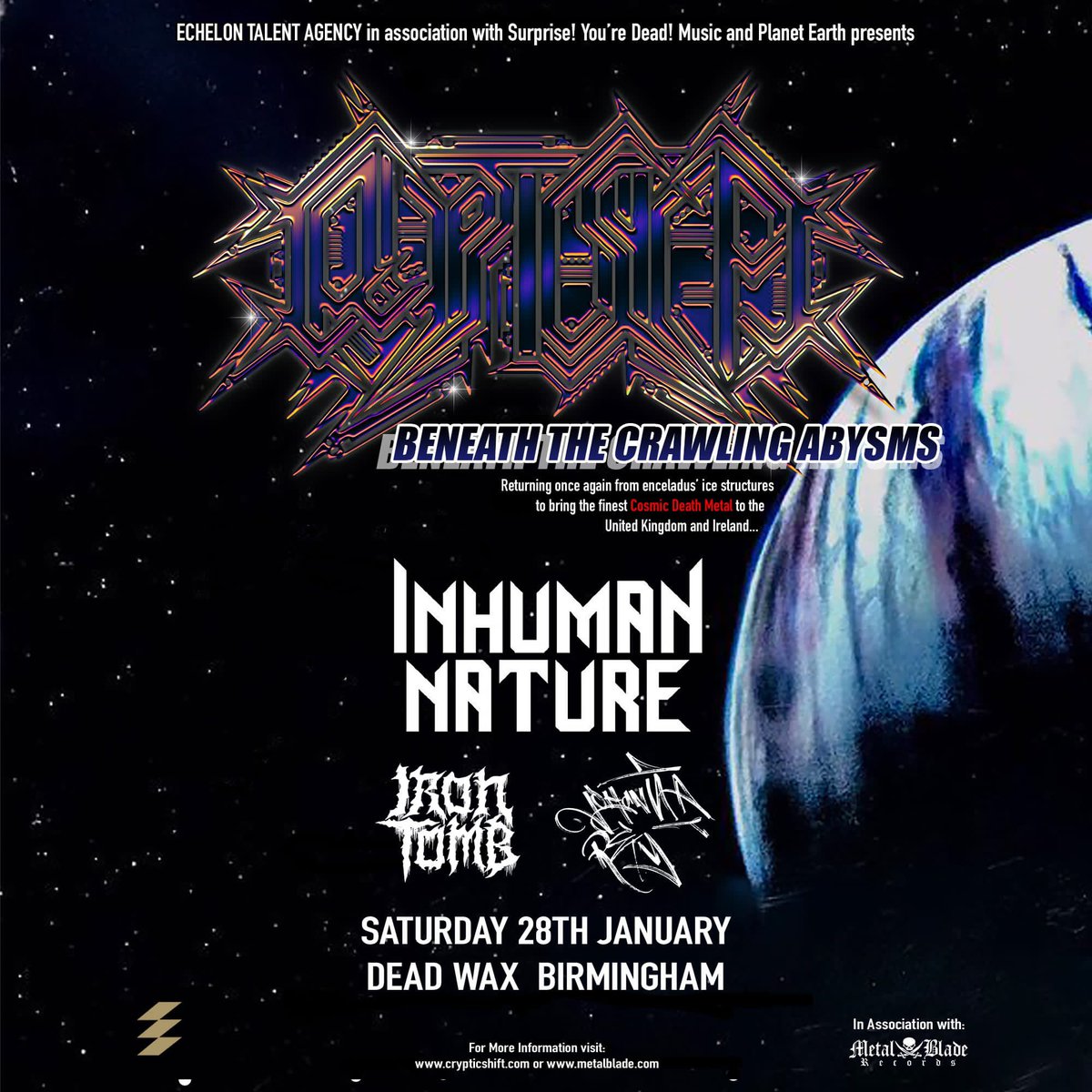 We return to Birmingham in just three weeks. Joining the cosmic Cryptic Shift 🪐 thrash lords Inhuman Nature ⚔️ & brum's johannaRey

#deathmetal #ukdeathmetal #osdm #oldschooldeathmetal #metal #metalhead #birminghamgig #ukmetal #undergroundmetal
