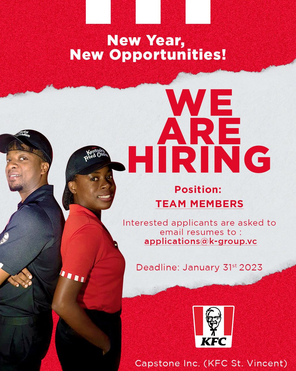 kfc_stvincent's tweet photo. Are you a dependable, hardworking &amp; driven individual? 
Do you want to start a career in the restaurant industry? 
Do you want to join the NUMBER ONE Restaurant Group?
Then we WANT you!
Send your resume to apply now. Email address - applications@k-group.vc https://t.co/CVNgvVniWa