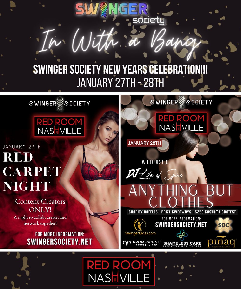 Swinger_Society's tweet photo. Calling all swingers! Friday night is Red Carpet Night; collab and create with others in the industry! Saturday night is ABC with guest DJ Life of Spice AND a costume contest! Go to https://t.co/6E9fUnX417 for details and booking!
#swingersociety #swingerevent #lifestyleevent https://t.co/zQRbvRbLtN