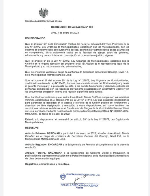 _AguilarVictor's tweet photo. López Aliaga nombra como Secretario General de la @MuniLima a José Alberto Danos Ordoñez, esposo de Patricia Juárez, el mismo que siendo Secretario General de Castañeda el 2006 firmó ordenanza para oficializar un cambio de zonificación a favor de López Aliaga. https://t.co/GI5Kmjordy