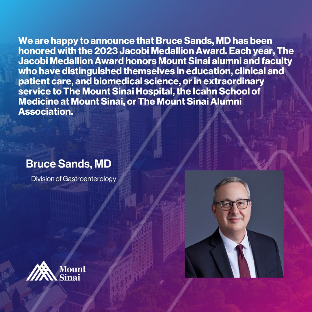 DOMSinaiNYC's tweet photo. 💙❤️🥳 Congratulations to Mount Sinai's @bruce_sands1, MD for being one of nine physicians recognized this year for The Jacobi Medallion Award. 
#GI #Gastroenterology #Gastroenterologist #IBD #leadershipexcellence #excellenceawards #leadership #WeFindAWay https://t.co/cusbZDNeDk