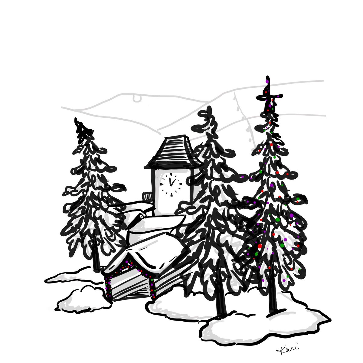 Our snowy little town, cartoon-ized.