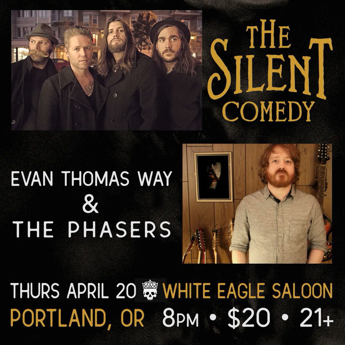 _SilentComedy's tweet photo. Finally getting back to the PNW and we can't wait to return to PDX at @TheWhite_Eagle w/ Evan Thomas Way of @ParsonRedHeads on April 20th!
Get your tix now stay tuned for more show announcements! https://t.co/e4cjJxhyq9
#TheSilentComedy #EvanThomasWay #PDX #WhiteEagleSaloon https://t.co/EcfxovIwv2