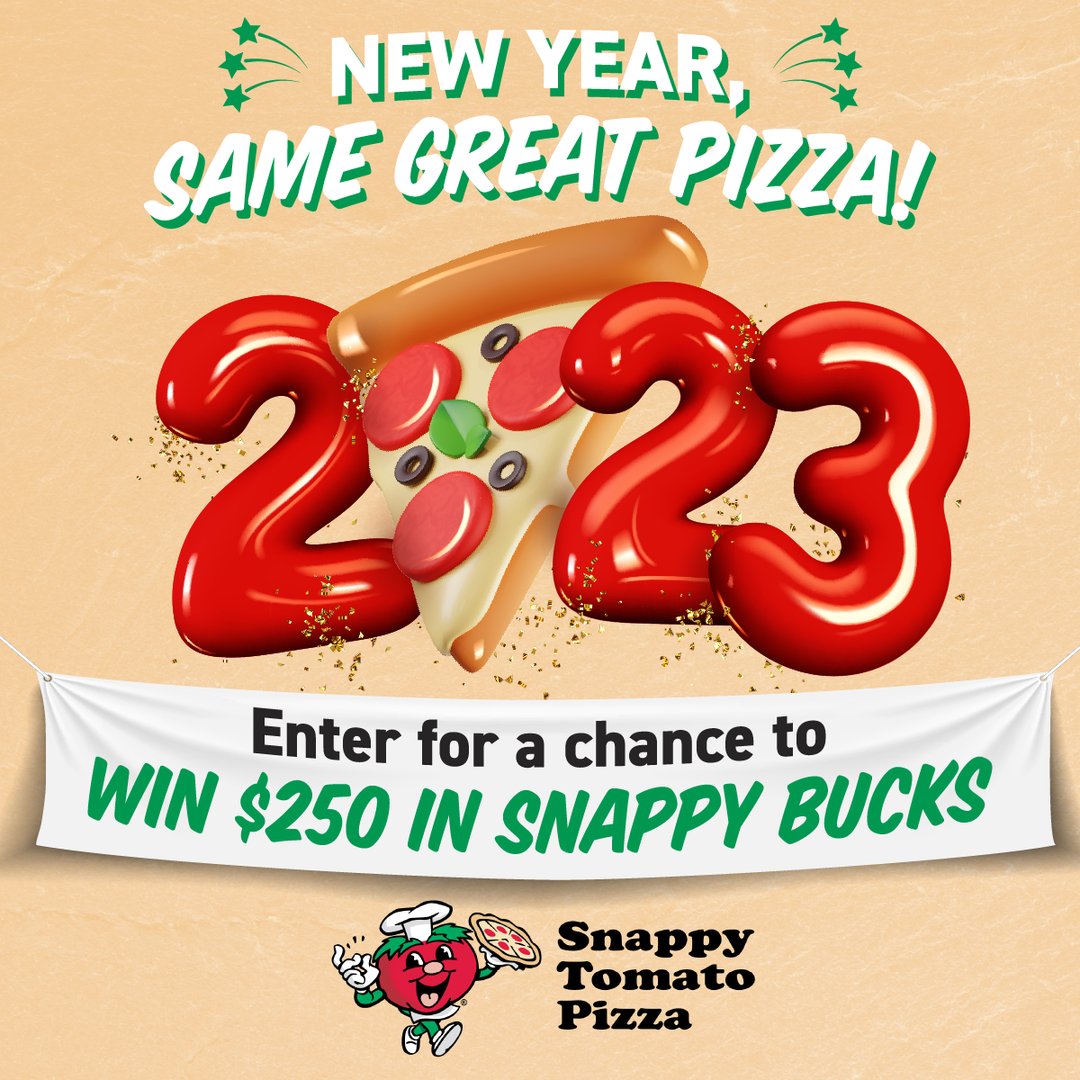 Kick off 2023 with Snappy T! 

If your New Year's Resolution was to eat more pizza, enter our sweepstakes for a chance to win $250 in Snappy Bucks! One lucky winner will be randomly selected on January 27th! 

Enter here: m.cmpgn.page/tKLx2Q