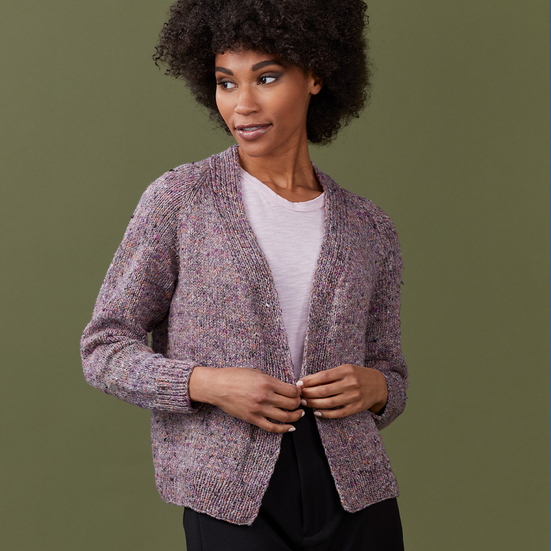 Upgrade your winter fashion game with Jade - a lightweight and warm layering piece knit in Stacy Charles Fine Yarns Gemma.