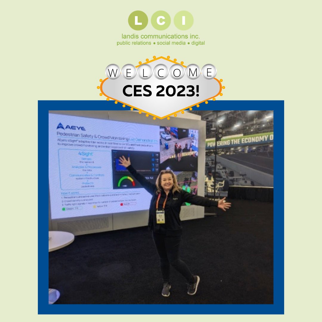 LandisComm's tweet photo. LCI's @briannemiller is representing (client) @AEye at #CES2023 in #LasVegas! 
#PublicRelations #PR #Lidar #Connect2Car #AEye https://t.co/L9UpFZkPIn