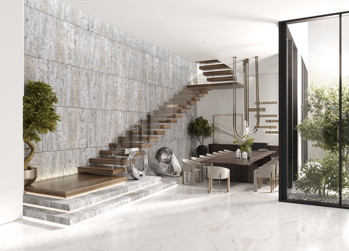 m_interior_sa's tweet photo. لقطات توضح منطقة الطعام الرسمية،
وابراز تصميم الدرج من خلال اختيار حجر التراڤرتين لأحداث تباين مع اهمية التأكيد على بعض العناصر من خلال الاضاءه.
و صور لبعض الفراغات في المشروع. 
#interiordesign https://t.co/WjfUJLYjXf