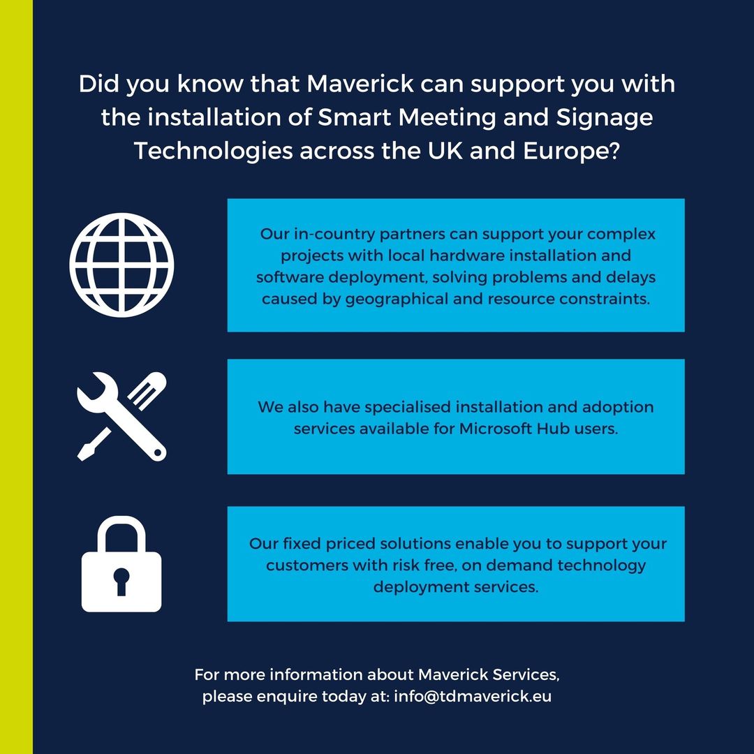 Did you know that Maverick can support you with the installation of Smart Meeting and Signage Technologies across the UK and Europe?

#avintegration #avindustry #avinstallation #avinstall #taas #softwareservices #softwareprojectmanagement