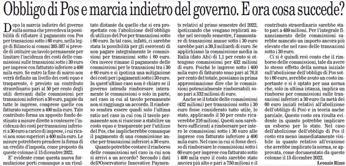 Oggi su ⁦<a href="/ilfoglio_it/">Il Foglio</a>⁩ discuto degli effetti della marcia indietro del governo sull’abolizione dell’obbligo di #Pos.