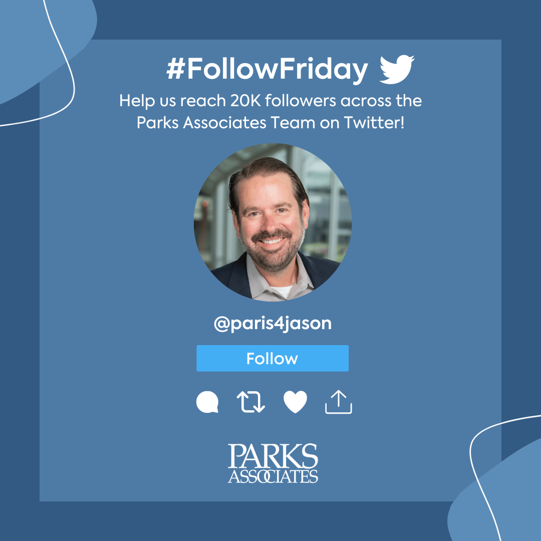 ParksAssociates's tweet photo. Happy #FollowFriday! Help us reach our goal of 20k followers across the Parks Associates Team on Twitter by following today’s spotlight team member, our Vice President, of Business Development, Jason Paris! @paris4jason
#ParksAssociates #ParksTeam #FollowFriday https://t.co/hL4KJ2Iebu