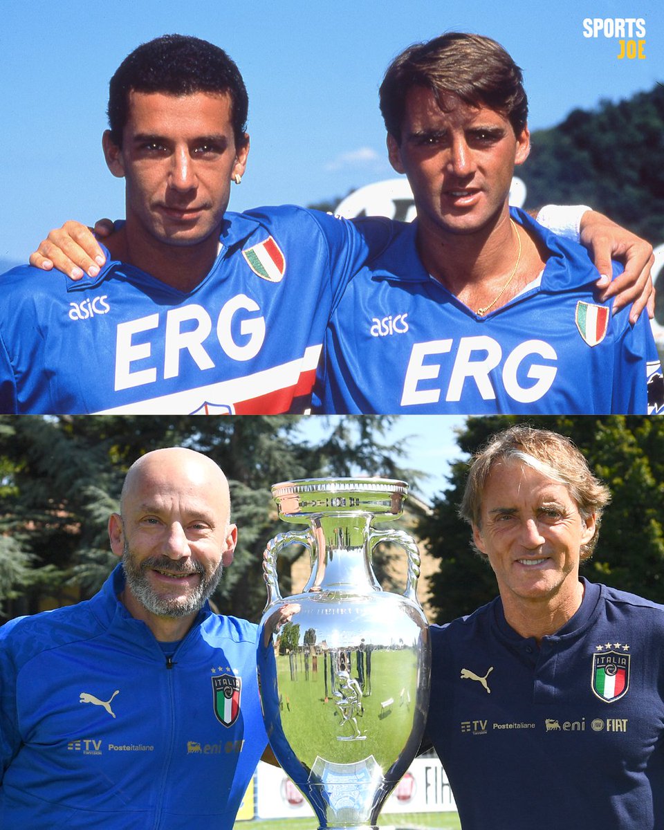 FootballJOE's tweet photo. Gianluca Vialli and Roberto Mancini were friends over 40 years.

The 'goal twins' were a feared striking partnership for Sampdoria, played together for Italy and Vialli was Mancini's  assistant when Italy won Euro 2020 

A lifelong friendship.

RIP Gianluca ❤️ https://t.co/1vQoP3rQE8
