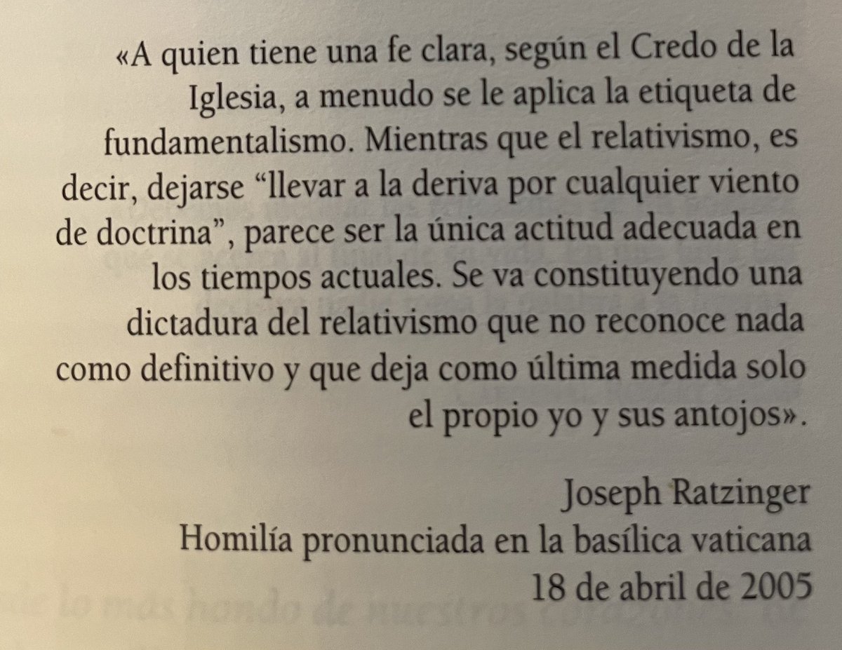 jandcalderon985's tweet photo. “A quien tiene una Fe clara, según el Credo de la Iglesia, […] se le aplica la etiqueta de fundamentalismo. Mientras que el relativismo, es decir, dejarse llevar a la deriva por cualquier viento de doctrina, parece ser la única actitud adecuada actualmente”.

Benedicto XVI https://t.co/PSwr0df6z2