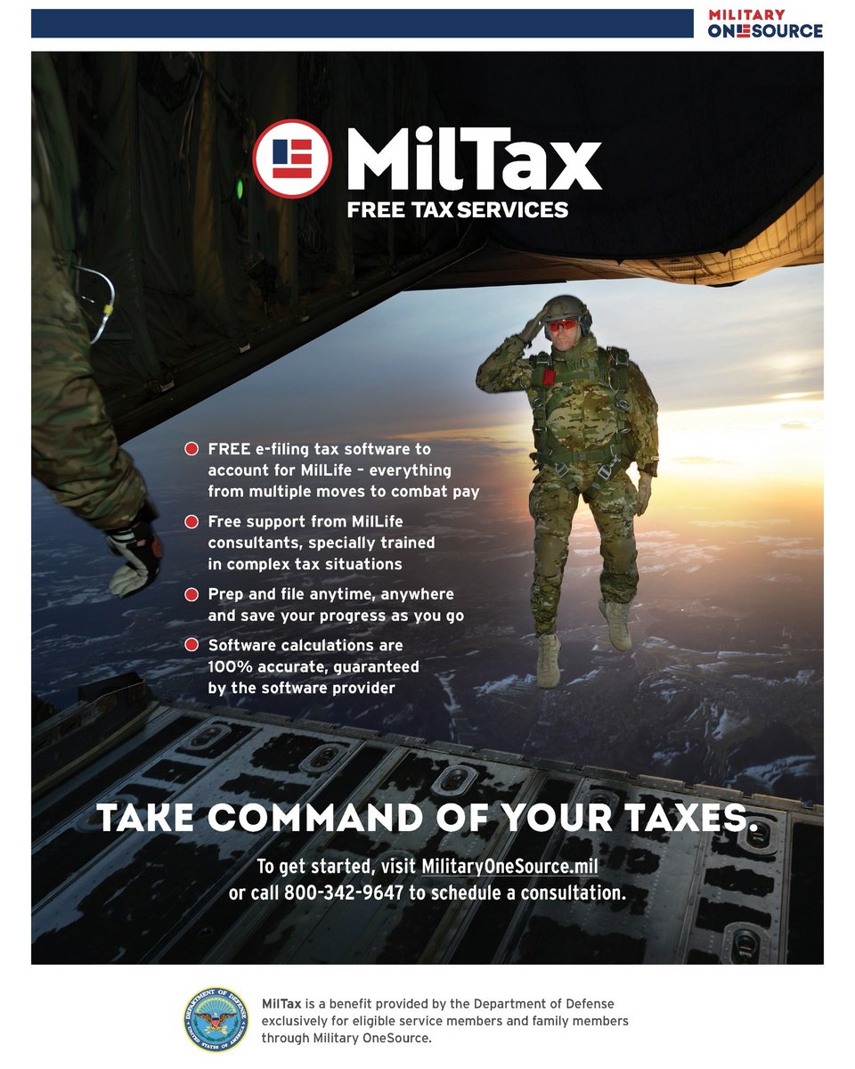 KIRTLAND377ABW's tweet photo. PEOPLE: Tax season is upon us again. If you need help with preparing and filing, visit https://t.co/ROzDW4AqTf or call 800-342-9647 for schedule a consultation. Services are free.
#TeamKirtland | #MilitaryOneSource https://t.co/et36UbBDHt