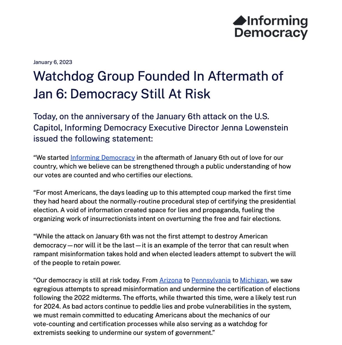 A statement from Informing Democracy Executive Director <a href="/just_jenna/">Jenna</a> on the anniversary of the January 6, 2021 attack on the Capitol.