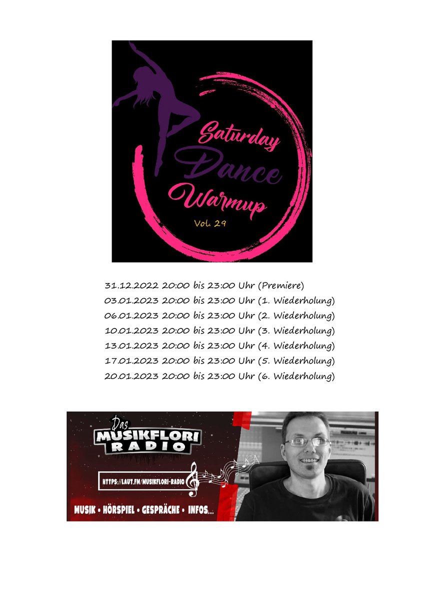 Gleich von 20:00 bis 23:00 Uhr könnt ihr nochmal zum lezteten <a href="/dance_warmup/">Saturday Dance Warmup</a>  2022 abtanzen.
Also schaltet doch das <a href="/RadioMusikflori/">Musikflori-Radio</a>  ein.

laut.fm/musikflori-rad…