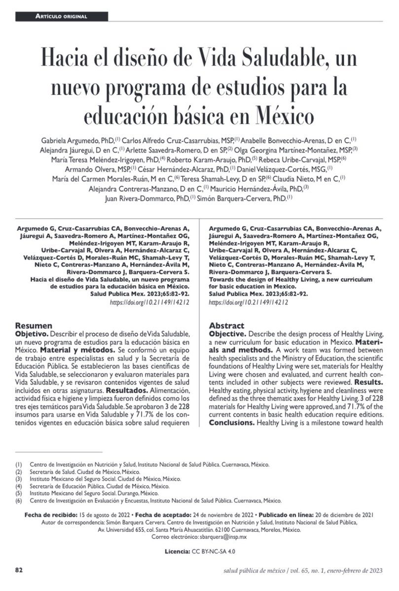 Trabajamos durante casi dos años en un grupo intersectorial de forma intensiva en el desarrollo del programa “Vida Saludable”, para el sistema de educación basica de México. Este artículo resume el proceso y los contenidos. 

<a href="/SSalud_mx/">SALUD México</a> <a href="/inspmx/">INSP México</a> <a href="/1CINyS/">CINyS - INSP</a> 

saludpublica.mx/index.php/spm/…