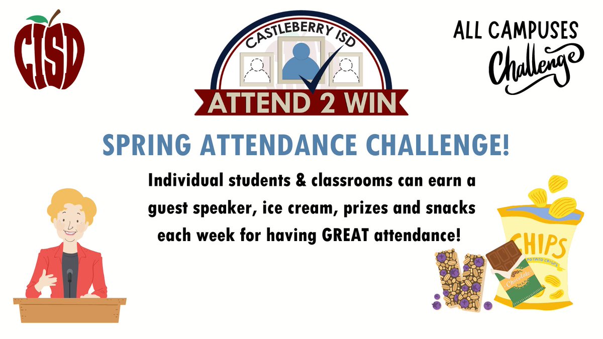 The SPRING ATTENDANCE CHALLENGE is better than ever! We are rewarding individual classes and students for having great attendance! #showingupmatters #attend2day #CISDbettertogether @CastleberryISD @CoachVasquezISD @DeAnnePage8