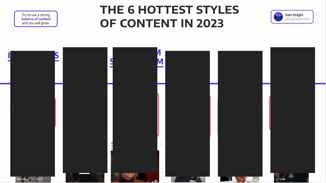 Samrknight's tweet image. The short-form content landscape is evolving.

As platforms mature, new styles emerge. 

I put together a list of the top 6 styles of short-form content you should use in your 2023 strategy.

RT &amp;amp; Comment "growth" I will send you the doc (Must be following)