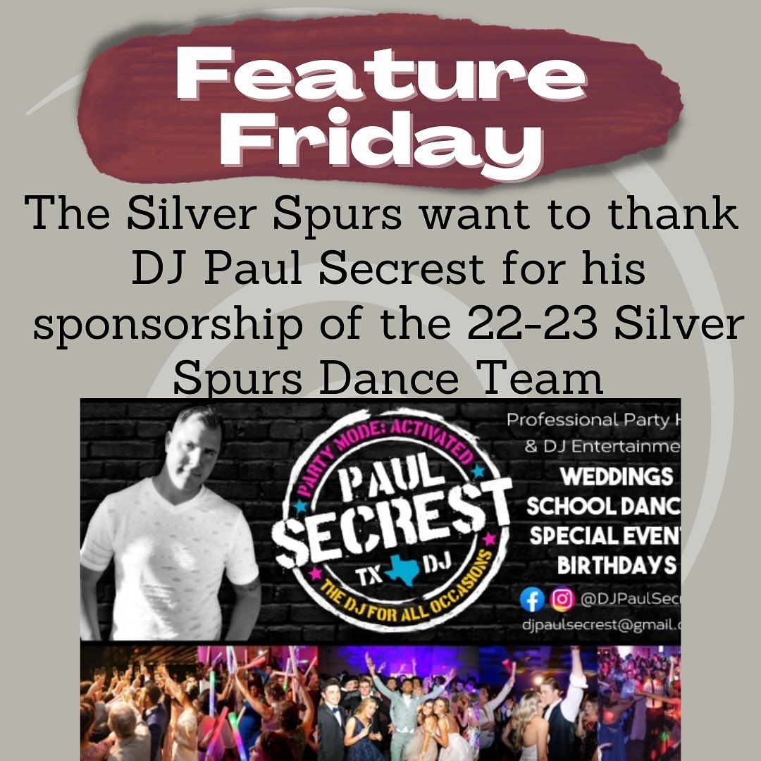 SSpursBooster's tweet photo. We are so thankful for DJ Paul Secrest and his Gold Sponsorship of the Silver Spurs! 
@DJPaulSecrest @mrslobutler https://t.co/VkskDiiB1j