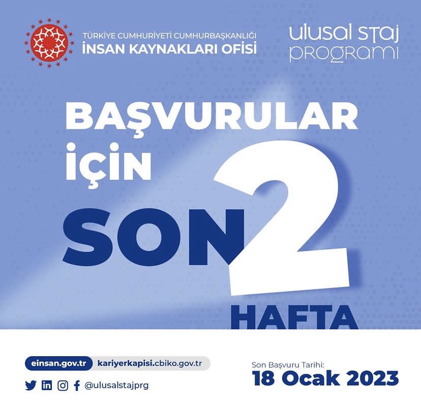 #UlusalStajProgramı 2023 yılı başvurularında son 2 hafta!
Hayalini kurduğun kariyere iyi bir başlangıç yapman için seni bekliyoruz! #SeninİçinSeferbiriz 
@tccbiko @einsan_tccbiko @ulusalstajprg @kariyerkapisi @TurkayDereli @ahmetayazpdr