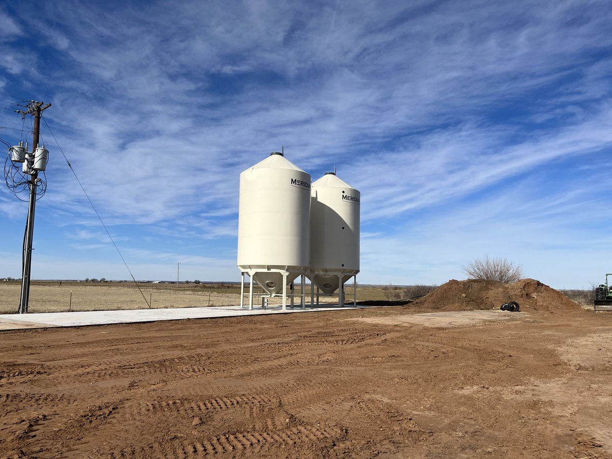 More progress this week on the post-tornado repair and remodel here! The first two bins were delivered and set up yesterday. We were able to use our loader and put them exactly where they needed to be located. Weather permitting it will take a few weeks to get the others set up.