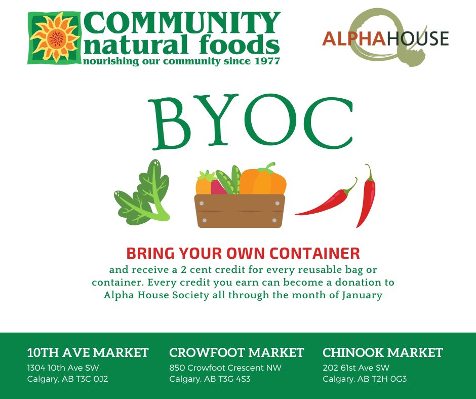 alphahouseyyc's tweet photo. .@mycnf offers a bag credit donation program allowing customers to donate their 2 cents to 1 non-profit each month! Alpha House is excited to be part of the January program. #bringyourowncontainer https://t.co/AqeEruTDrJ