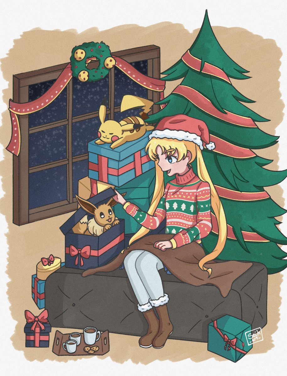 イーブイ ,ピカチュウ ,月野うさぎ 「Pues aqui mi regalito del #SecretSanta20」|ꜱᴇɪʜ~🍀 ART RAFFLEのイラスト