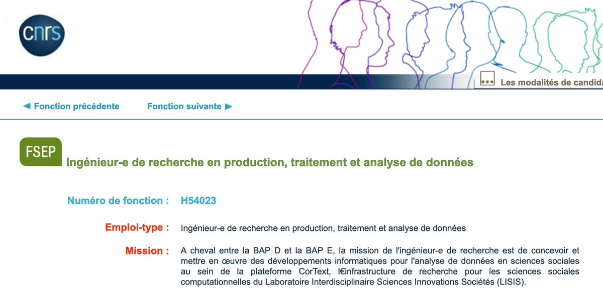 10 jours pr postuler comme ingénieur de recherche <a href="/CNRS/">CNRS 🌍</a> pour la plateforme @Cortext_team
 <a href="/umr_lisis/">LISIS</a>. N'hésitez pas à m'écrire ou à <a href="/ScTechViz/">Lionel Villard</a>
 pour vous informer et nous rejoindre! #sciencessocialescomputationnelles #SNA #NLP #scientometrics👉tinyurl.com/9tumvup