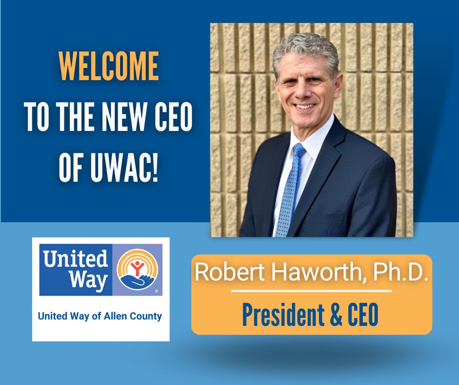 UWACIN's tweet photo. United Way of Allen County is pleased to announce Robert Haworth, Ph.D. as President &amp; CEO.

Haworth brings a wealth of experience in executive and nonprofit leadership. ✨

 #Allencounty #Volunteer #PositiveChange #Community #UnitedWay #LiveUnited #UnitedWayInspiration #UWACIN https://t.co/MsRhi0k0W1
