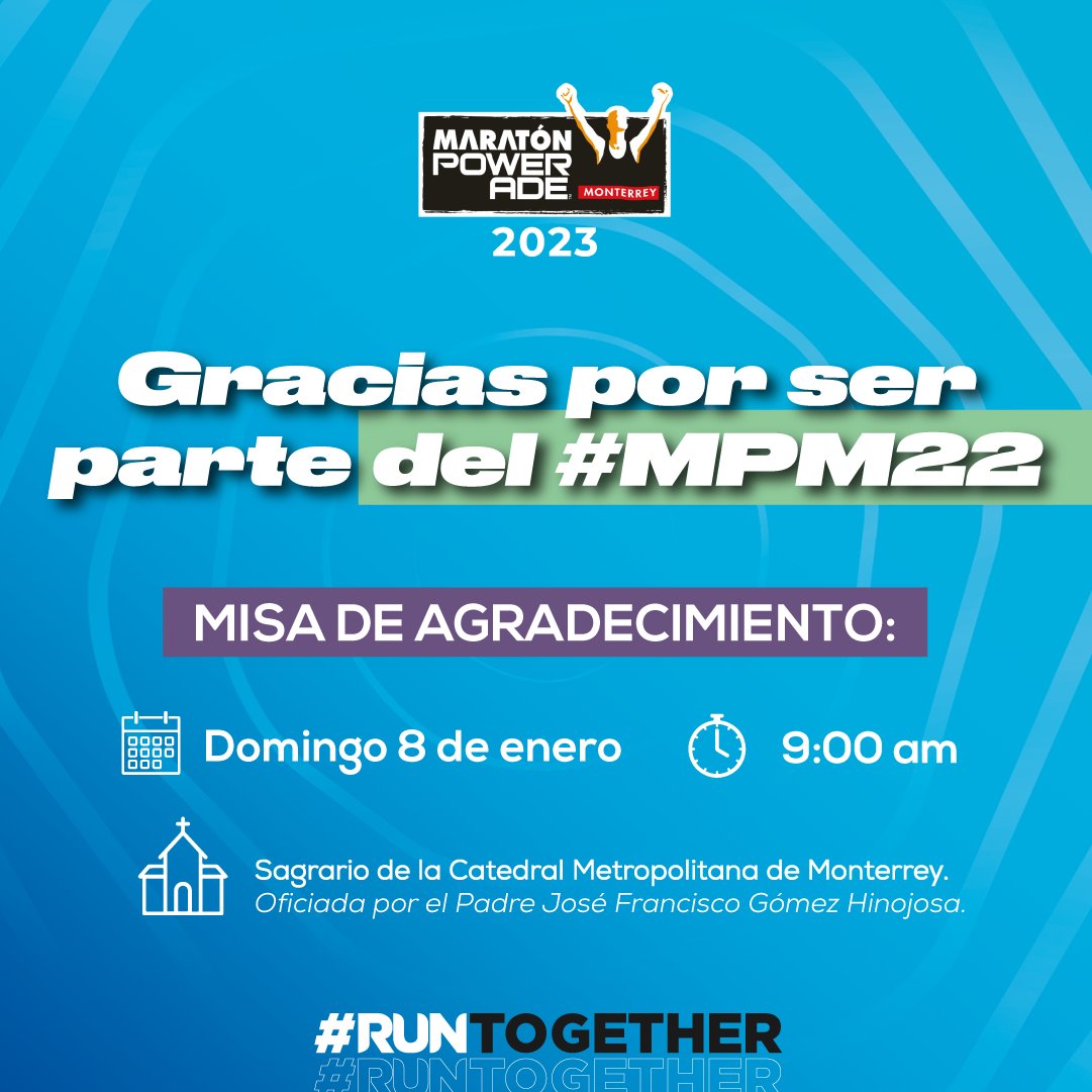 Maratonmty's tweet photo. Estuvimos muy felices de verte en el #MPM22 😎 Tener la oportunidad de correr y cumplir una gran meta es algo que nos mantiene agradecidos 🙌
Te invitamos a nuestra misa de agradecimiento el 📅 Domingo 8 de enero 🕘 9:00 am en Sagrario de la Catedral Metropolitana de Monterrey. https://t.co/jacJ42BG1R