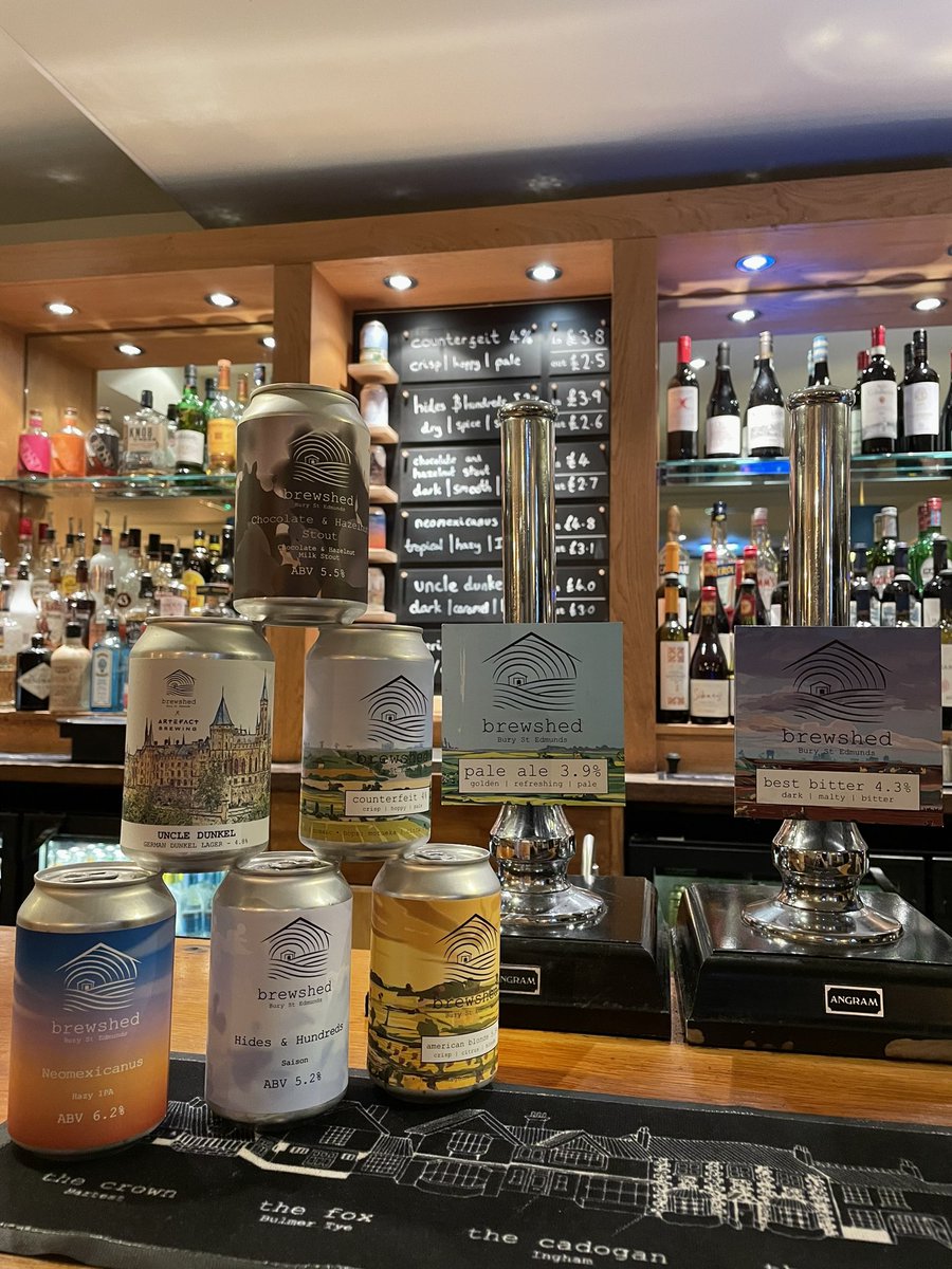 Fantastic range of local Brewshed beers all brewed in Ingham. Cask Best Bitter &amp; Pale Ale plus a range of 6 cans to drink in or take away that change regularly, buy 8 or more and get 10% off!!

To book :
📞 01284728443
📨 info@thecadogan.co.uk
💻 thecadogan.co.uk/book-a-table/
