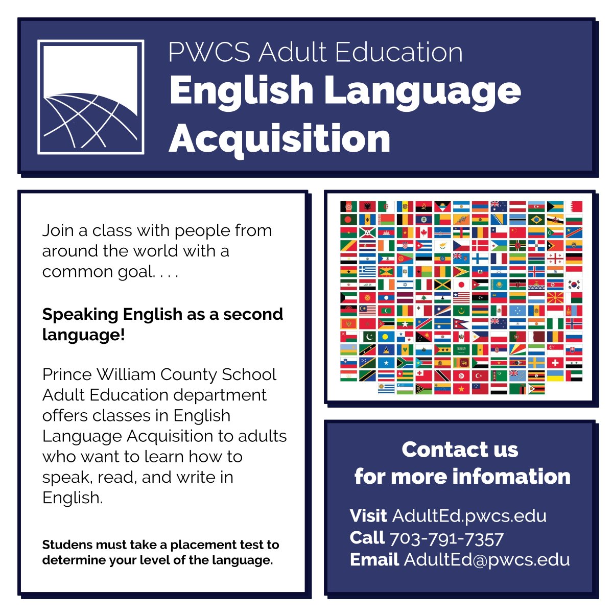 If you (or someone you know) has the goal of acquiring English this year, then look into our English Acquisition course. Registration closes on Jan 12. Call or email us if you have any questions!

You can access our registration here—linktr.ee/pwcsadulted
<a href="/PWCSNews/">PWCS</a>  <a href="/LDMcDade/">LaTanya D. McDade, Ed.D.</a>