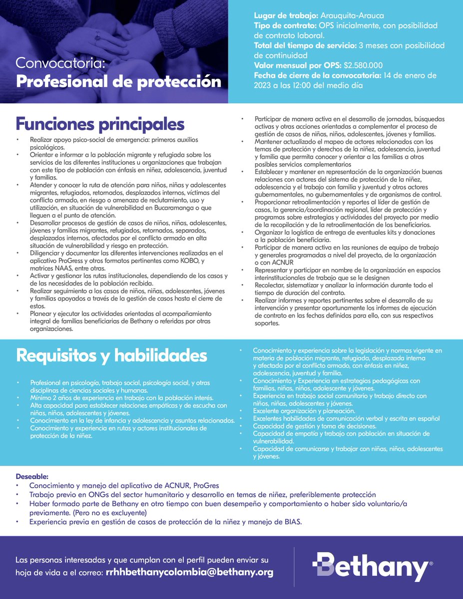 Convocatoria para profesional de protección en Arauca.

buff.ly/3vMkgL0