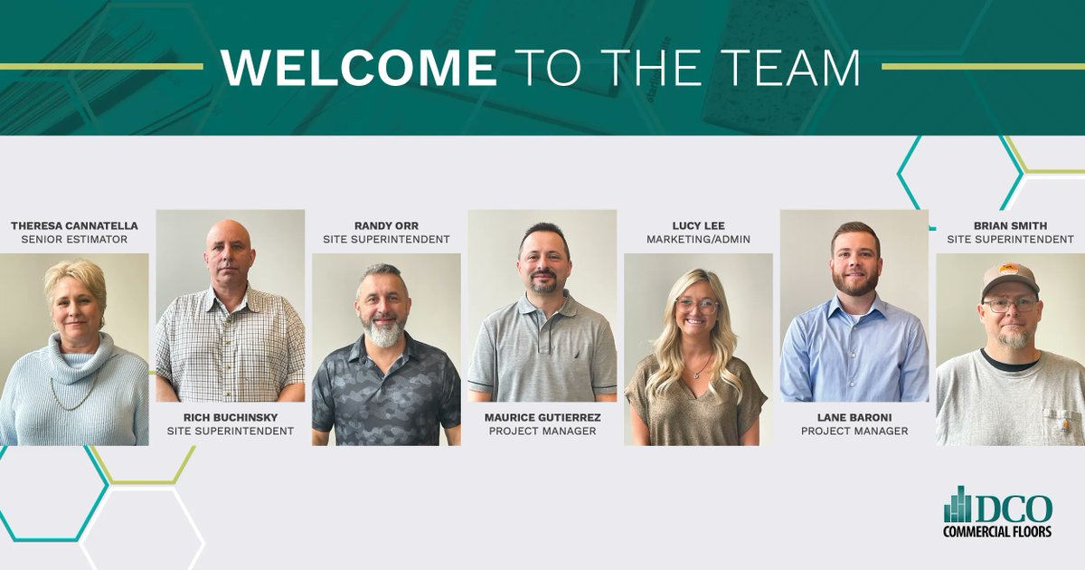dcocommercial's tweet photo. Join us in welcoming the newest members of our #DCOteam! Welcome aboard Theresa Cannatella, Rich Buchinsky, Randy Orr, Maurice Gutierrez, Lucy Lee, Lane Baroni, and Brian Smith.  We are thrilled to have you #findyourfinish at DCO!

#StayintheknowithDCO #GrowwithDCO https://t.co/njZf3ng5Jm