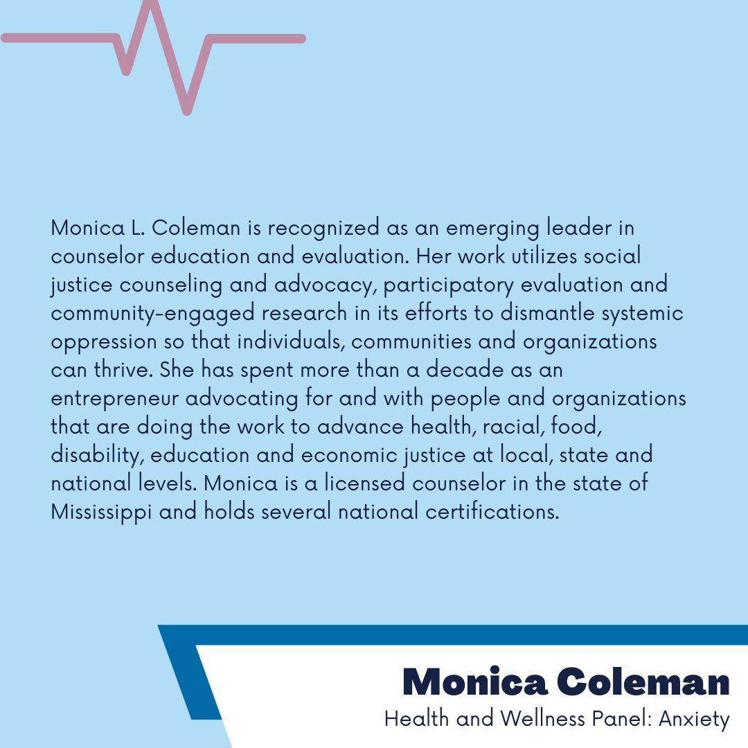 PulseLeadership's tweet photo. Next up on our Health and Wellness Panel, meet Monica Coleman, our specialist for anxiety! Anxiety has multiple causes and forms among college-aged students, so we are excited to dive into this topic under Monica's leadership. https://t.co/UvsPfzAqeI
