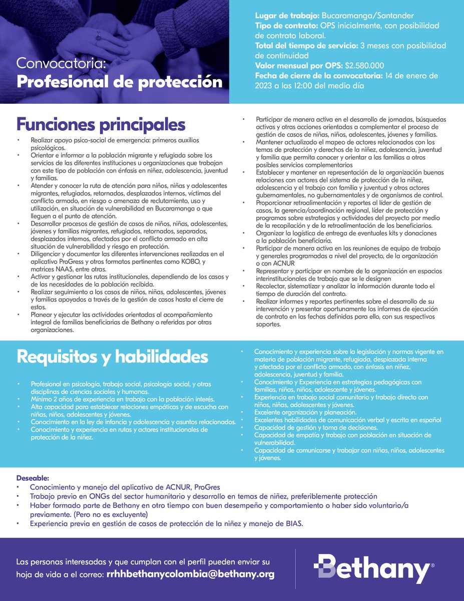 Convocatoria para profesional de protección en Bucaramanga.

buff.ly/3WPYXEc
