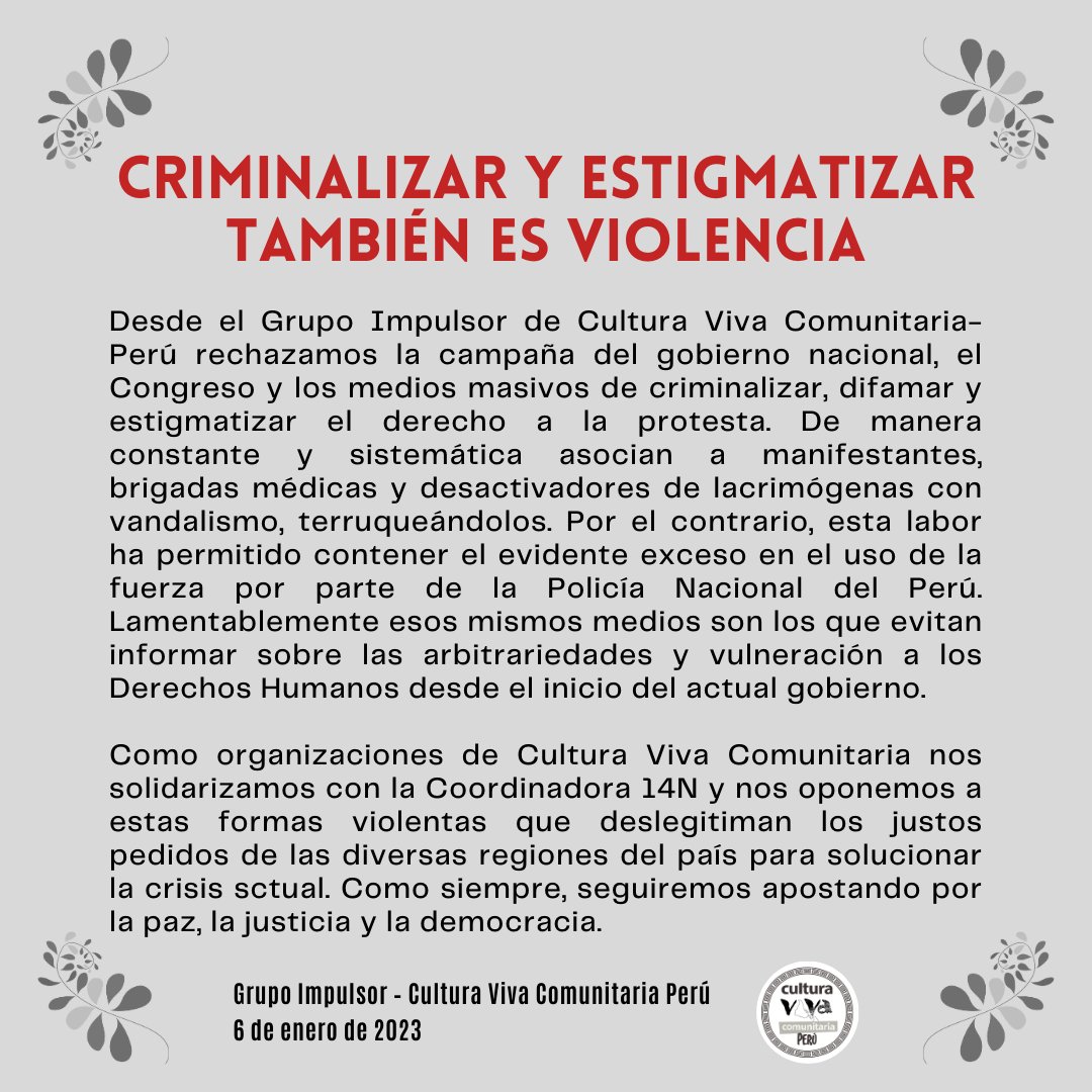 perucvc's tweet photo. CULTURA VIVA COMUNITARIA

CRIMINALIZAR Y ESTIGMATIZAR TAMBIÉN ES VIOLENCIA

PERÚ, 6 DE ENERO DE 2023 https://t.co/WRPSPNVLP6