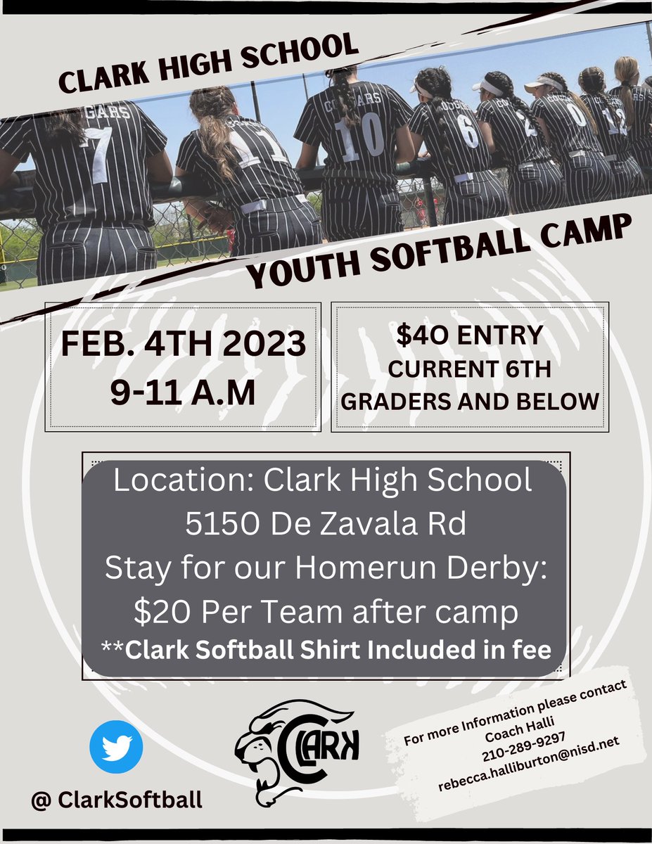 Clark Softball (@clarksoftball) on Twitter photo Please join us for our first annual in season youth softball camp! Meet our Cougar softball athletes and stay for our home run derby! Camp is only open to 6th graders and younger and will include a Clark softball shirt! forms.gle/ywn173zu1WHDHC… <a href="/HobbyGirlsATH/">Hobby Girls’ Athletics</a> <a href="/rawlinson_msg/">Rawlinson Girls' Athletics</a> Please join us for our first annual in season youth softball camp! Meet our Cougar softball athletes and stay for our home run derby! Camp is only open to 6th graders and younger and will include a Clark softball shirt! forms.gle/ywn173zu1WHDHC… <a href="/HobbyGirlsATH/">Hobby Girls’ Athletics</a> <a href="/rawlinson_msg/">Rawlinson Girls' Athletics</a>