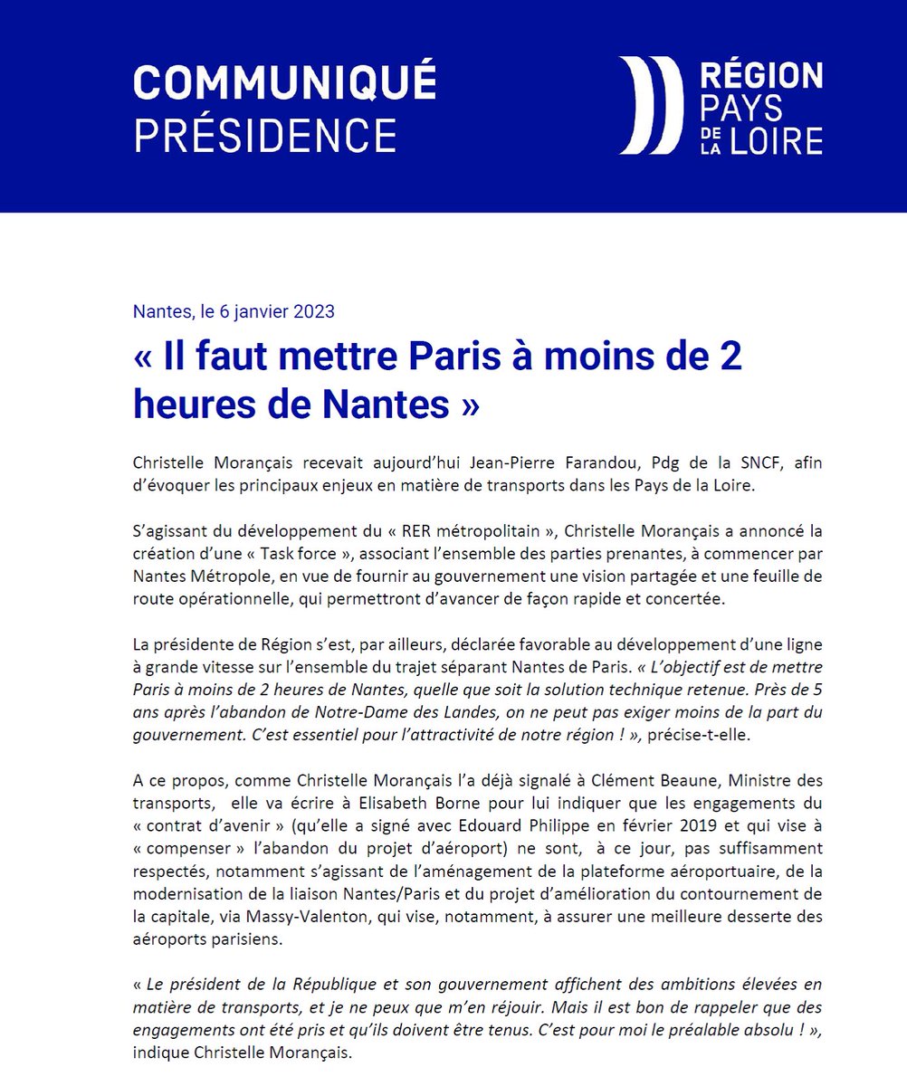 C_MORANCAIS's tweet photo. L’objectif est de mettre Paris à moins de 2 heures de #Nantes, quelle que soit la solution technique retenue.
Près de 5 ans après l’abandon de Notre-Dame des Landes, on ne peut pas exiger moins de la part du gouvernement.
C’est essentiel pour l’attractivité de notre région  ! https://t.co/pWgFX7IYzJ