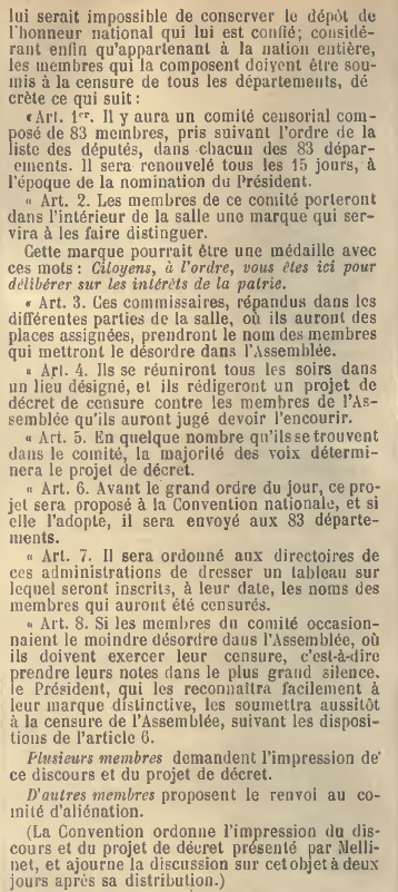 1792_1815's tweet photo. 6 janvier 1793 Intervention de #Mellinet (#député Loire-Inférieure). Il propose la création d’un comité censorial composé de 83 membres pour observer les débats et prendre le nom des députés qui mettront le désordre dans l’#Assemblée. Le comité proposé ne verra jamais le jour. https://t.co/LWzd22F9Zc