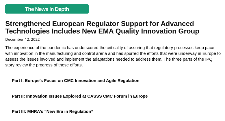 IPQ_Paulson's tweet photo. The experience of the pandemic has underscored the importance of assuring that regulatory processes keep pace with CMC innovation. This IPQ story reviews the progress in three parts.

https://t.co/iucTfNgq1S https://t.co/FpJGLY8Znk