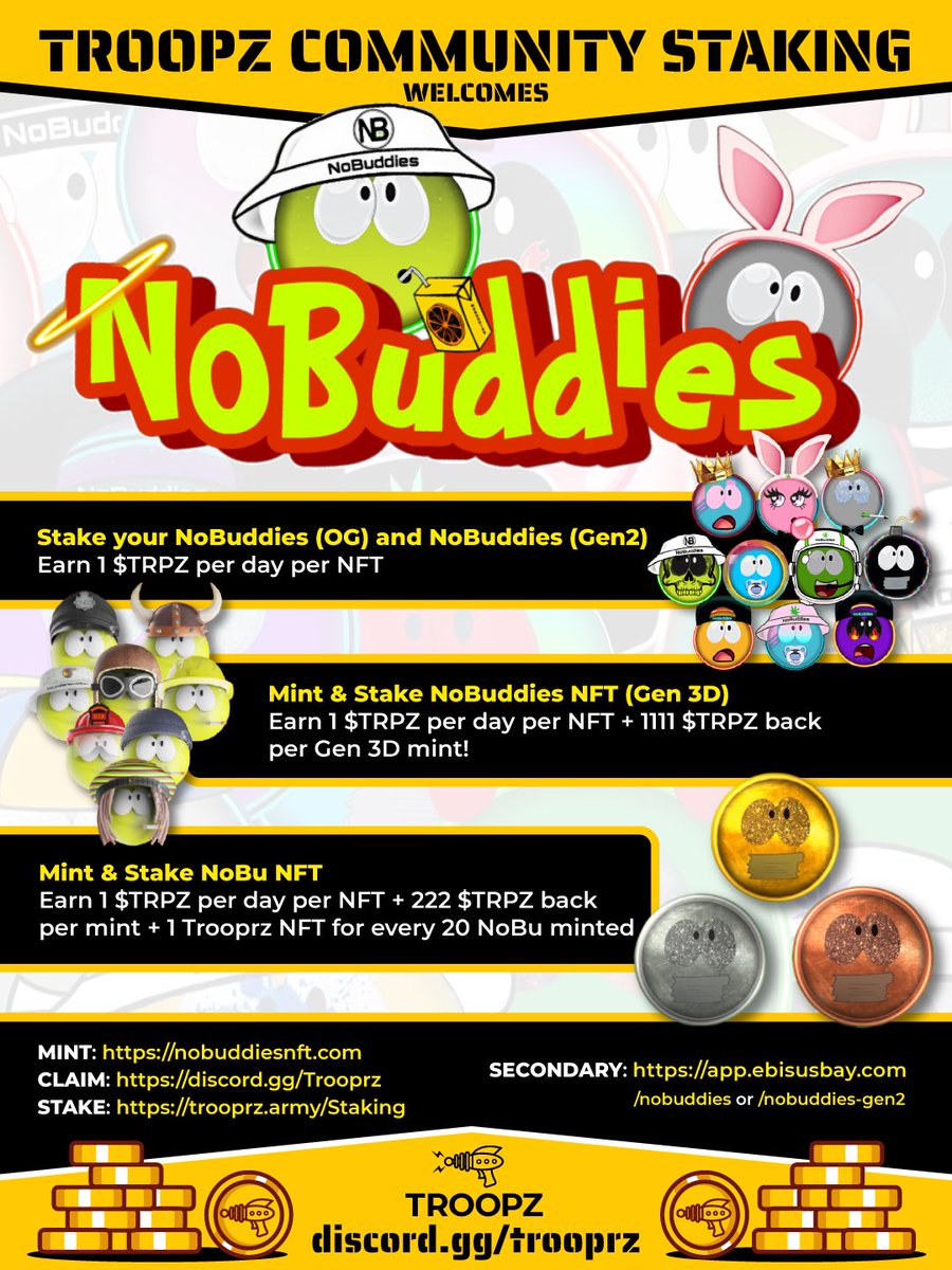 TrooprzArmy's tweet photo. Buzzing to announce the latest addition to the Troopz Community Staking! 

@NoBuddiesNFT

All 4 collections are now stakable!

#LaunchWithTroopz is also supporting @JonnyChimps with the re-launch of NoBu NFT and NoBuddies Gen3D!

Mint Now!

https://t.co/jLivC6TuHS

#crofam https://t.co/Y07ODowGd3