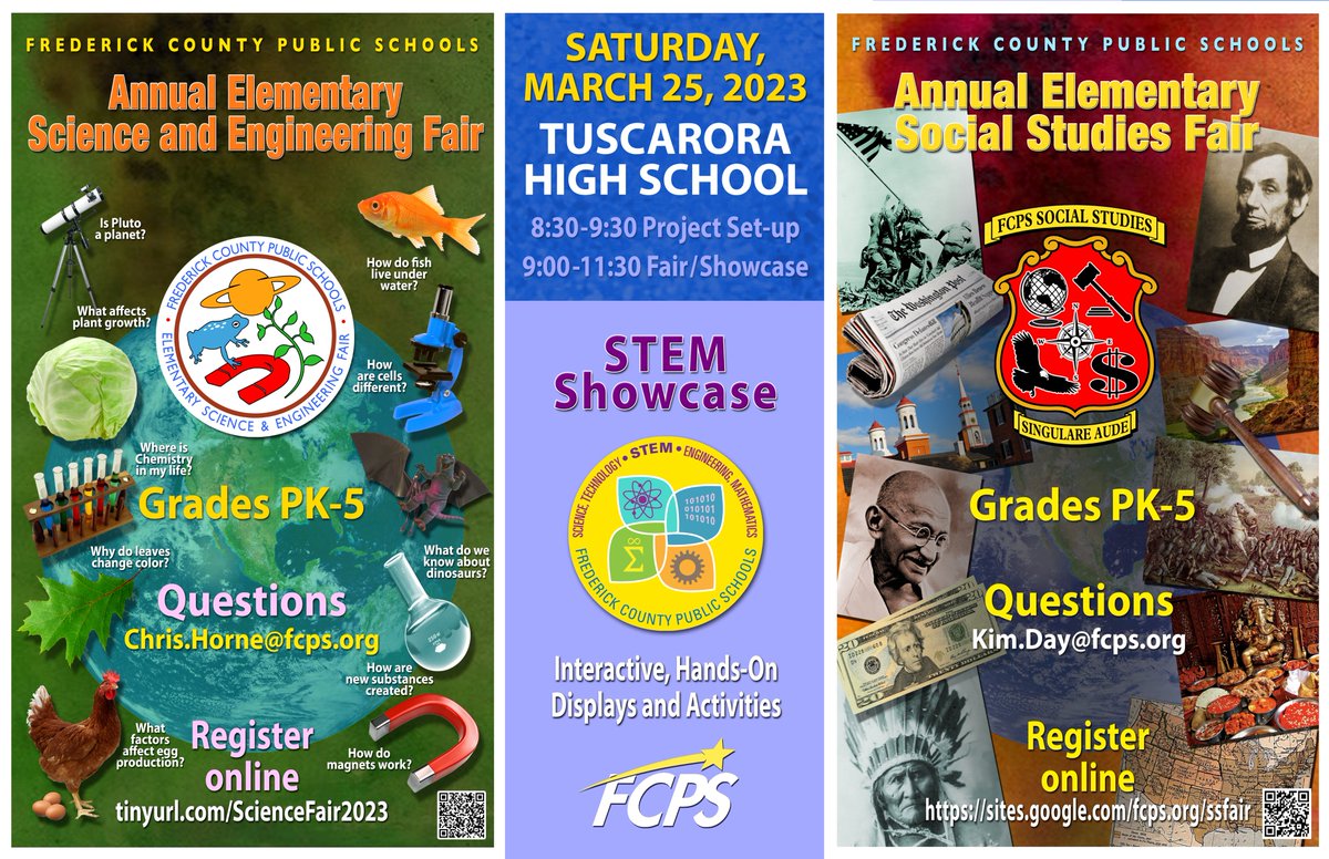 The Elementary Science&amp;Engineering and Social Studies Fairs are BACK! We can't wait to  meet our young scientists,engineers, and historians!

Register Now!  

Science fair tinyurl.com/ScienceFair2023
Science Fair Guide: docs.google.com/document/d/17r…

Social Studies: sites.google.com/fcps.org/ssfair