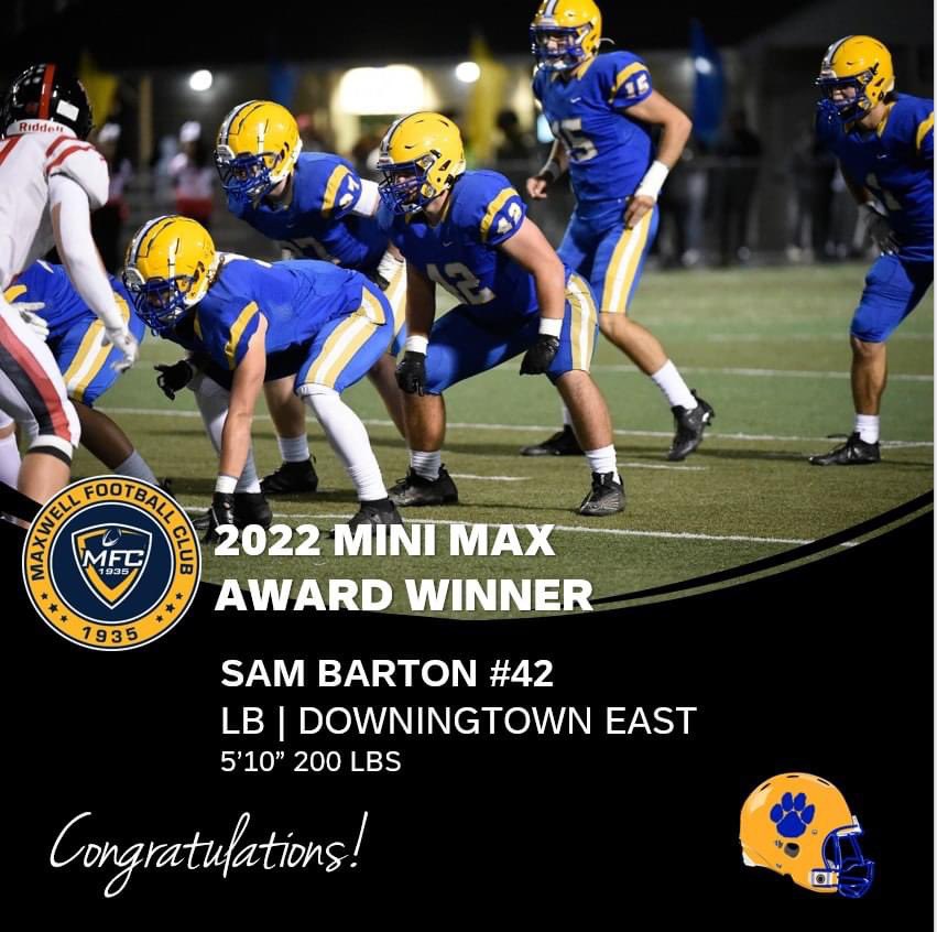 Congratulations to <a href="/Sam42Barton/">Sam Barton</a> for being selected as a 2022 Mini Max Award Winner. He joins a very select group of individuals that represent the finest football players in our region.