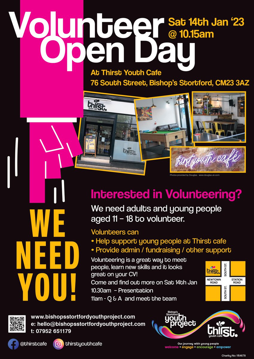 Are you aged 11-18 and interested in volunteering? 

Come along to the Bishops Stortford Youth Project open day on Saturday 14th January at 10:15am. 

Never heard of this project? 
Learn more here: ow.ly/J6a450MfhEF

#wearebsyp <a href="/thirstcafe/">Thirst Youth Cafe</a>