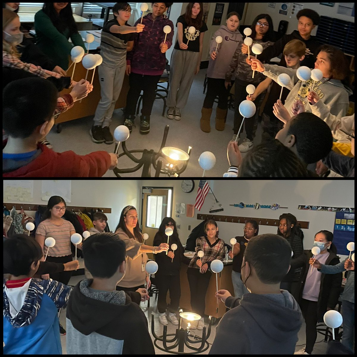 Our 6th grade astronomers set up a physical model of the Earth, Moon and Sun system to investigate why part of the Moon is dark! 🌚🌝🌙🌎☀️ @WhufsdD <a href="/WhufsdRams/">Ram Pride</a> <a href="/WHGWashington/">WHGW</a>