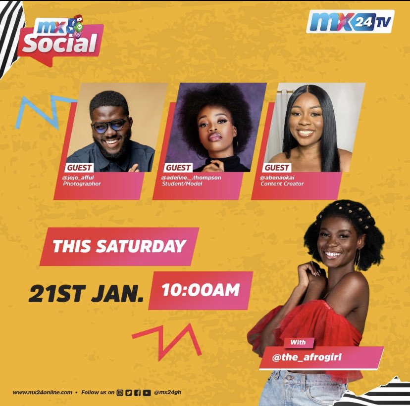 mx24gh's tweet photo. Social media has been buzzing this week. Join @_AfroGirl and her guests @jojo_afful #adelinethompson @Abenaokai as they break down all the trending stories on #MXSocial
#mx24gh #funfearlessfactual https://t.co/HG1Ozd3lKk