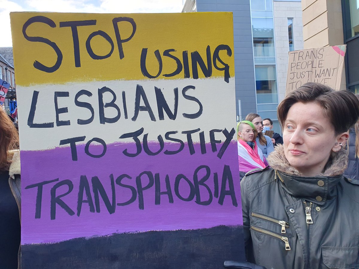 Graham1922's tweet photo. @ScotCuthbertson A photograph from the Edinburgh Rally for Trans Equality. The placard reads "Stop using lesbians to justify transphobia."
#GRRBill
#RallyForTransEquality https://t.co/HeLTJCbIyL
