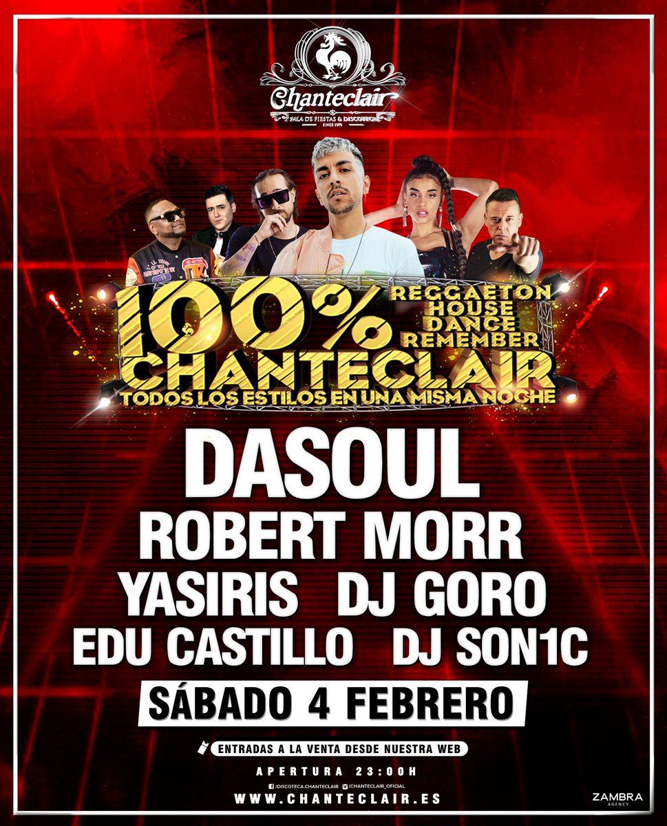Comenzamos este 2023 como no podía ser de otra forma, con nuestro festival por excelencia, 100% Chanteclair. Todos los estilos en una sola noche, todo bien mezclado pero no revuelto.
Entradas, buses y zonas VIP 👇
bit.ly/100_23