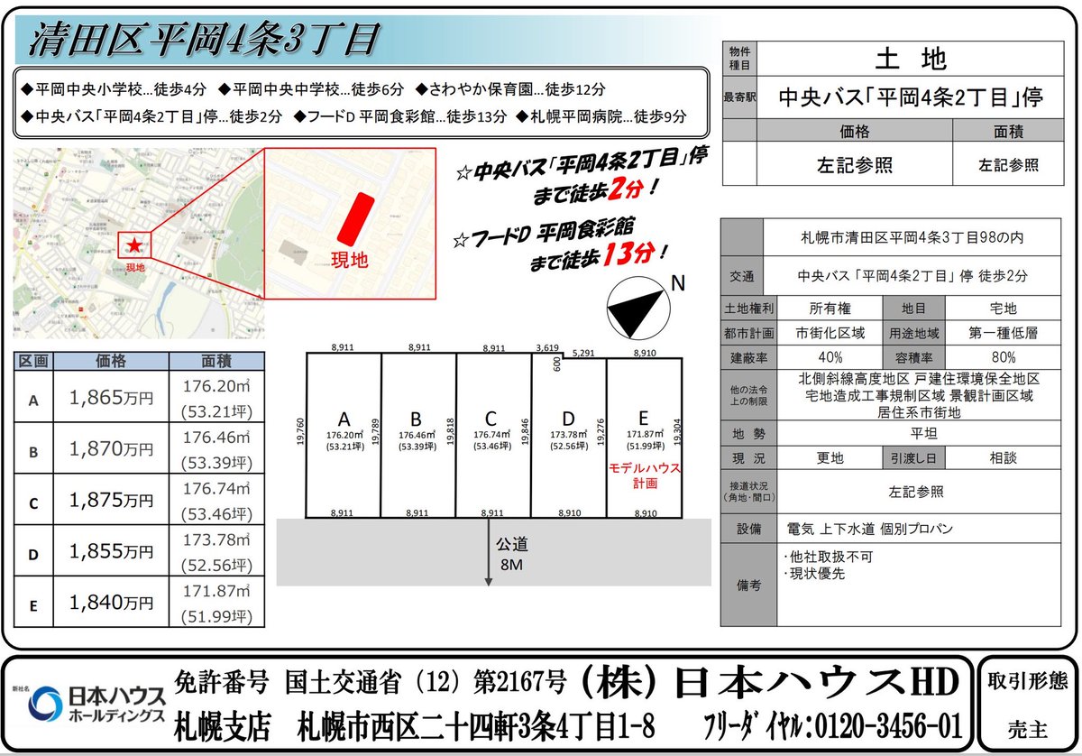 hiro_bmh1023's tweet photo. 【日本ハウスHD　自社物件情報②】
《清田区平岡4条3丁目》
《北区篠路7条4丁目》
《東区東苗穂8条2丁目》
《北区西茨戸3条1丁目》

◎土地探し(札幌市内・市外)
◎資金計画(住宅ローン)
◎会社選定(会社毎の特徴)
◎間取り(建物の大きさ)

DMやLINEにてお気軽にご相談下さい！ https://t.co/4h0Anguv6W